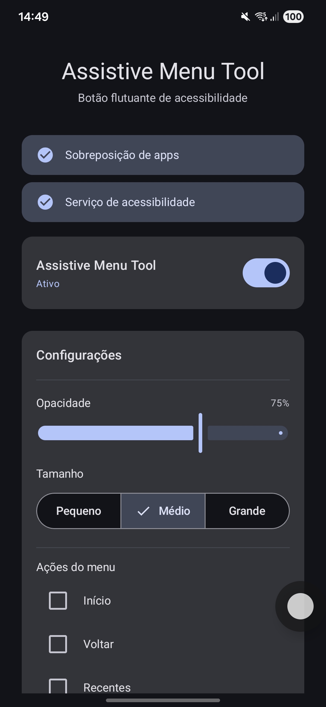 Tela principal com checklist de permissões